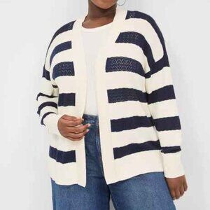 Women's Plus Size Open-Front Striped Lace-Stitch Cardigan